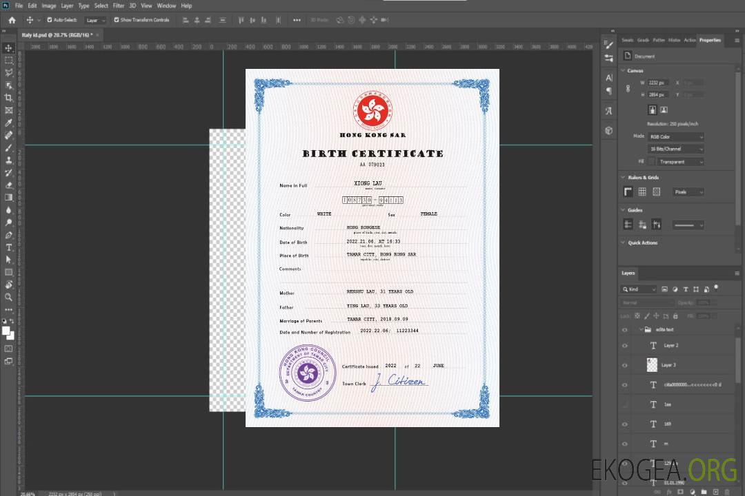 Modèle PSD de certificat de naissance de l'état civil de Hong Kong template